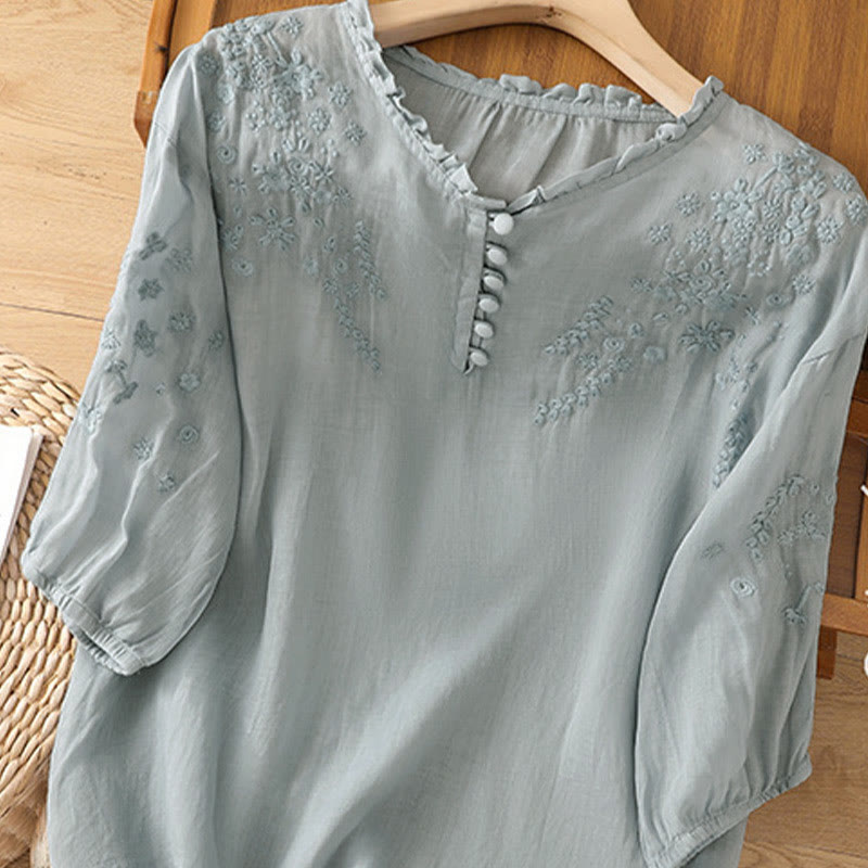 Camisa informal de lino y algodón con mangas abullonadas y diseño floral bordado con botones y Buddha Stones para mujer - image 5