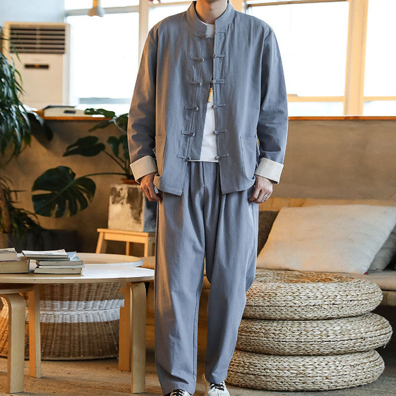 Conjunto de 2 Buddha Stones de traje zen Tang para hombre, camisa de manga larga con botones de rana y pantalones con bolsillos - image 7