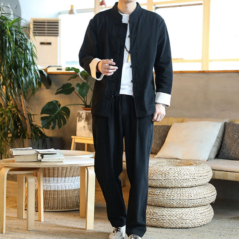 Conjunto de 2 Buddha Stones de traje zen Tang para hombre, camisa de manga larga con botones de rana y pantalones con bolsillos - image 16