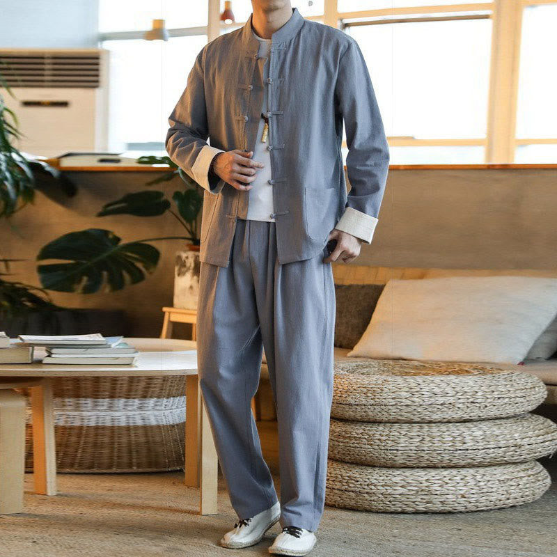 Conjunto de 2 Buddha Stones de traje zen Tang para hombre, camisa de manga larga con botones de rana y pantalones con bolsillos - Gris - US/UK/AU44, UE54 (5XL) - image 0