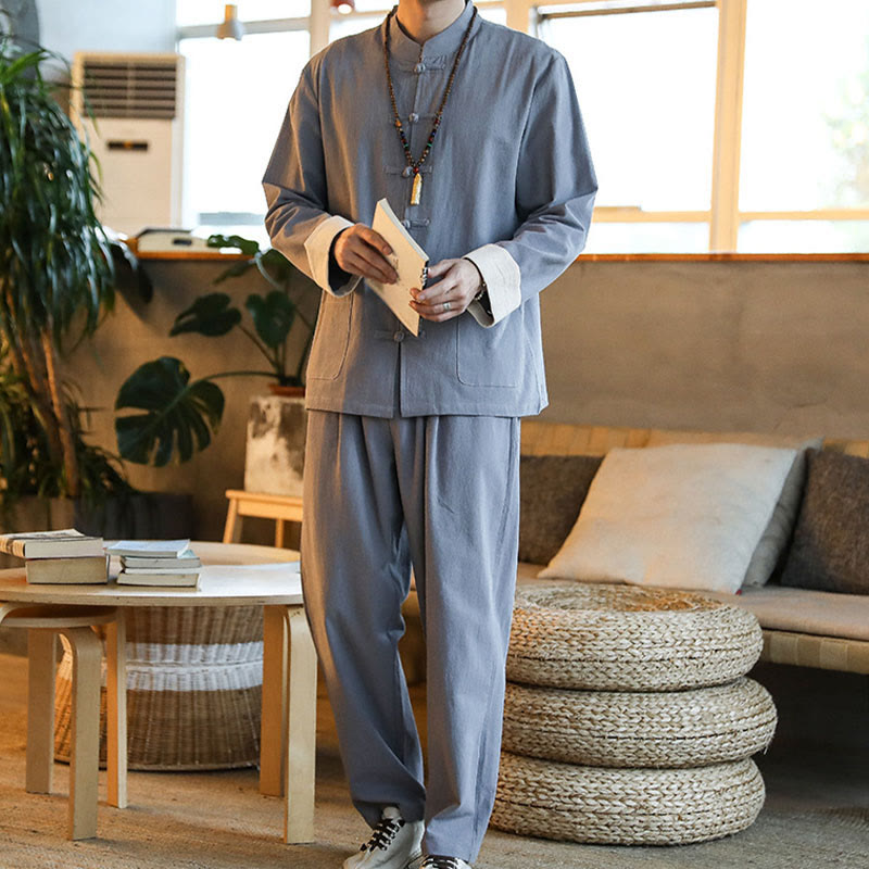 Conjunto de 2 Buddha Stones de traje zen Tang para hombre, camisa de manga larga con botones de rana y pantalones con bolsillos - image 6