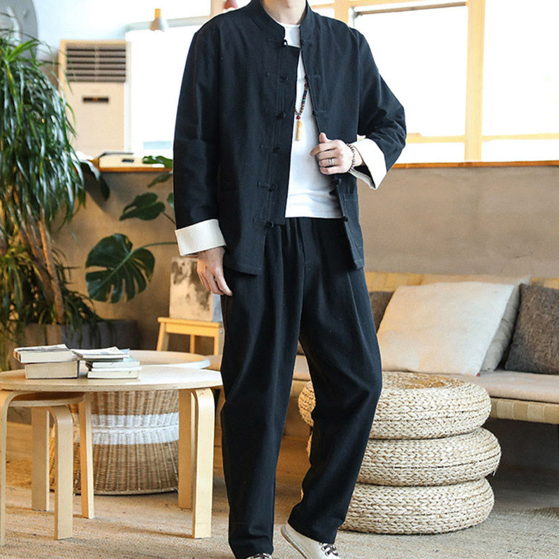 Conjunto de 2 Buddha Stones de traje zen Tang para hombre, camisa de manga larga con botones de rana y pantalones con bolsillos - image 18