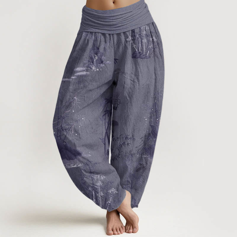 Pantalones harén de algodón puro con estampado de Buddha Stones , informales, de bambú y tinta de roca, con cintura elástica para mujer - Gris pizarra - US22，UK/AU26，EU54 (6XL) - image 1