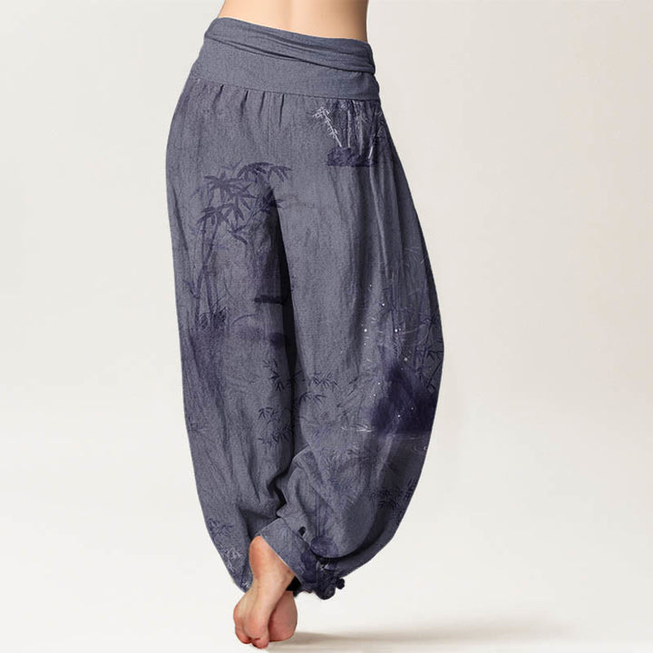 Pantalones harén de algodón puro con estampado de Buddha Stones , informales, de bambú y tinta de roca, con cintura elástica para mujer - image 3