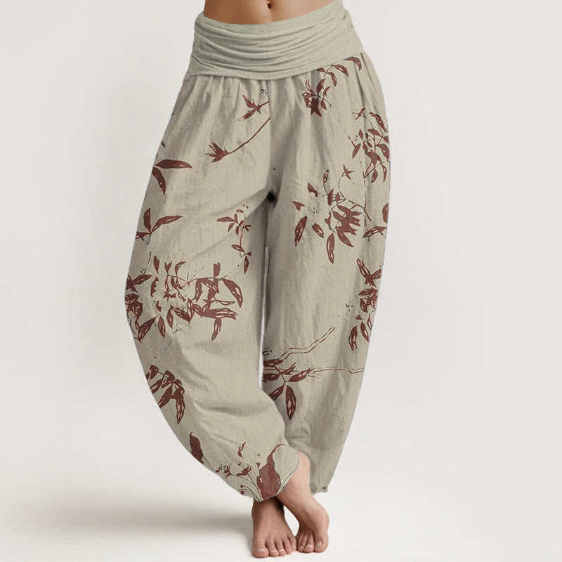 Pantalones harén de algodón puro con estampado de ramas y Buddha Stones para mujer, cintura elástica - Caqui - US22，UK/AU26，EU54 (6XL) - image 0