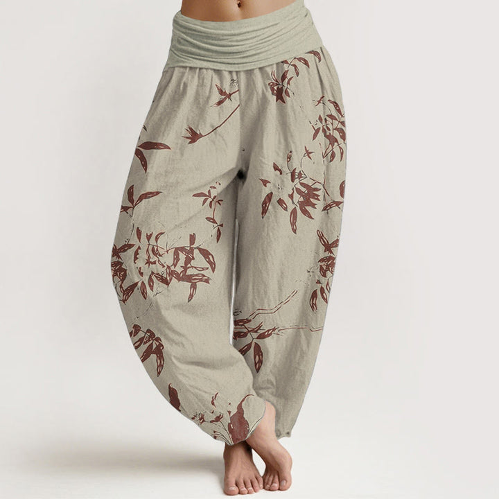 Pantalones harén de algodón puro con estampado de ramas y Buddha Stones para mujer, cintura elástica - Caqui - US22，UK/AU26，EU54 (6XL) - image 0