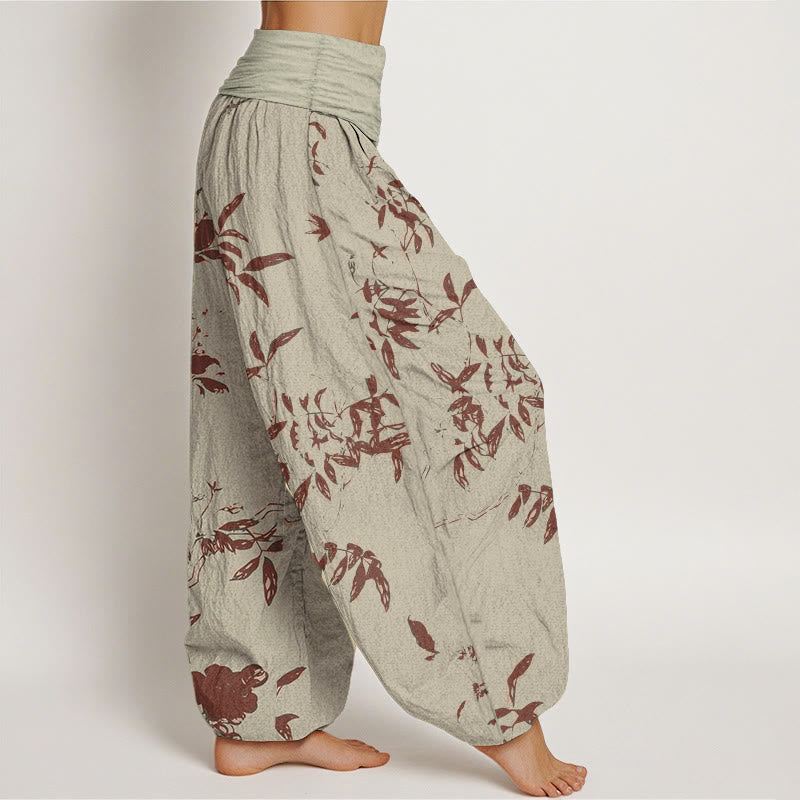 Pantalones harén de algodón puro con estampado de ramas y Buddha Stones para mujer, cintura elástica - image 1