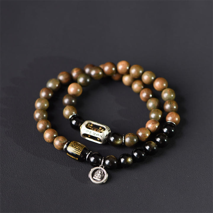 Pulsera de doble vuelta con Buddha Stones, sándalo verde tibetano, obsidiana dorada y equilibrio de paz - image 4