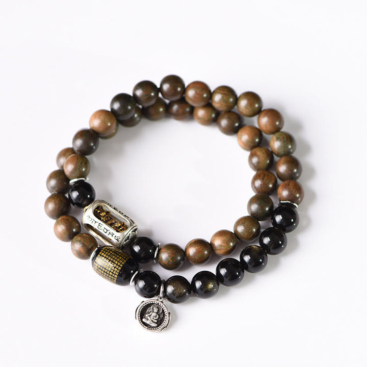 Pulsera de doble vuelta con Buddha Stones, sándalo verde tibetano, obsidiana dorada y equilibrio de paz - image 16