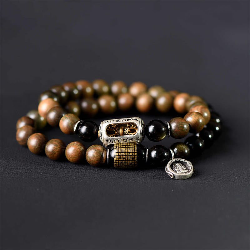 Pulsera de doble vuelta con Buddha Stones, sándalo verde tibetano, obsidiana dorada y equilibrio de paz - image 3
