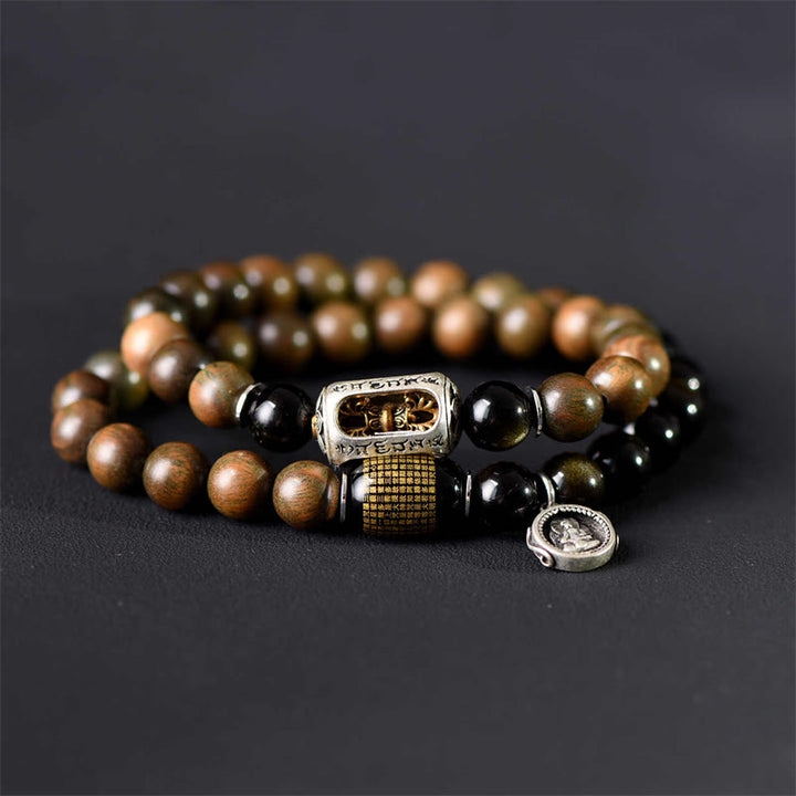 Pulsera de doble vuelta con Buddha Stones, sándalo verde tibetano, obsidiana dorada y equilibrio de paz - image 3