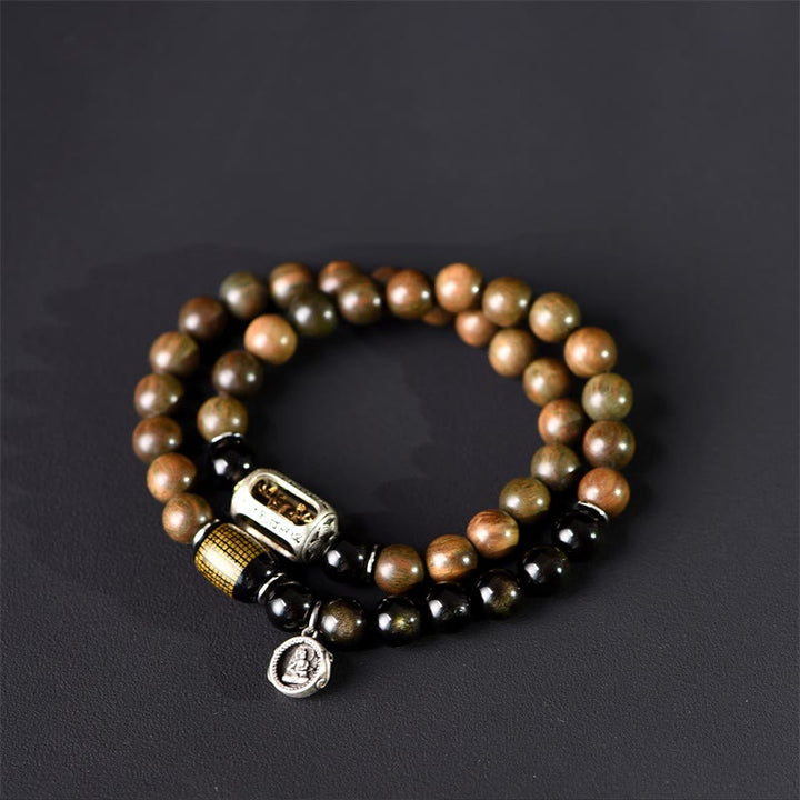 Pulsera de doble vuelta con Buddha Stones, sándalo verde tibetano, obsidiana dorada y equilibrio de paz - image 15