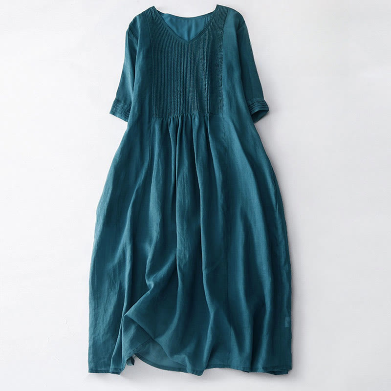 Vestido midi informal de algodón con cuello en V, manga corta y pliegues tipo acordeón con bolsillos de Buddha Stones - Azul acero - US14，UK/AU18，EU46 (2XL) - image 37