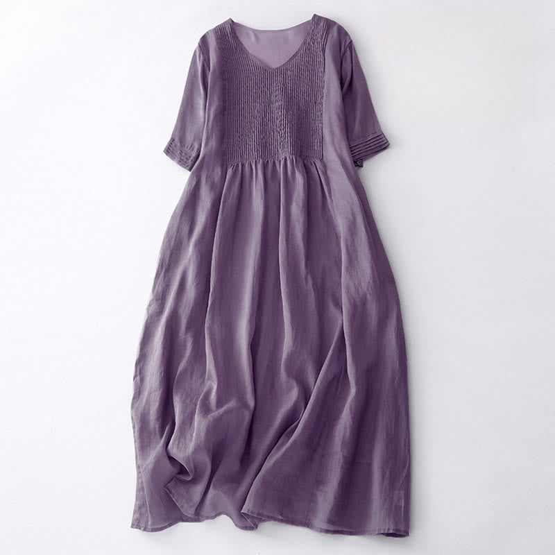 Vestido midi informal de algodón con cuello en V, manga corta y pliegues tipo acordeón con bolsillos de Buddha Stones - Ciruela - US14，UK/AU18，EU46 (2XL) - image 2