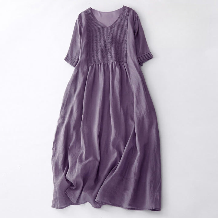 Vestido midi informal de algodón con cuello en V, manga corta y pliegues tipo acordeón con bolsillos de Buddha Stones - Ciruela - US14，UK/AU18，EU46 (2XL) - image 2