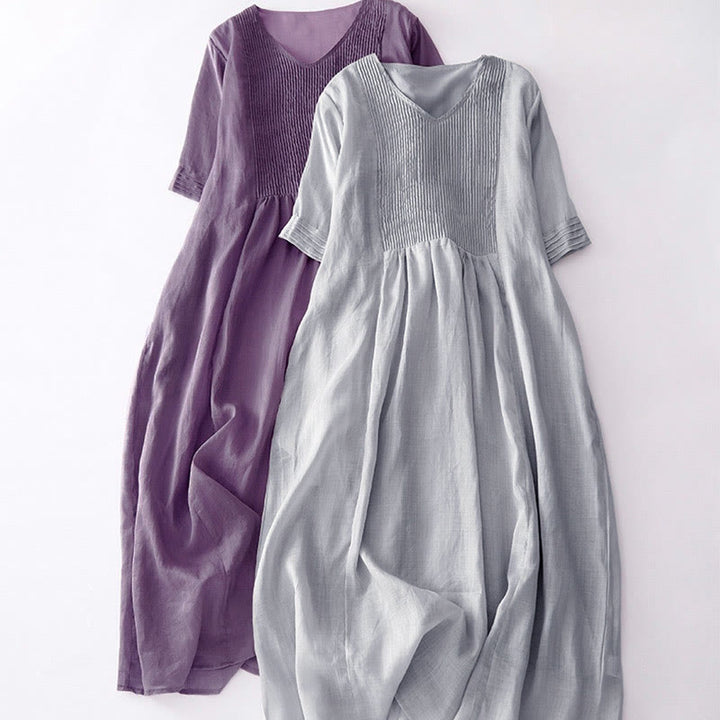 Vestido midi informal de algodón con cuello en V, manga corta y pliegues tipo acordeón con bolsillos de Buddha Stones - image 11