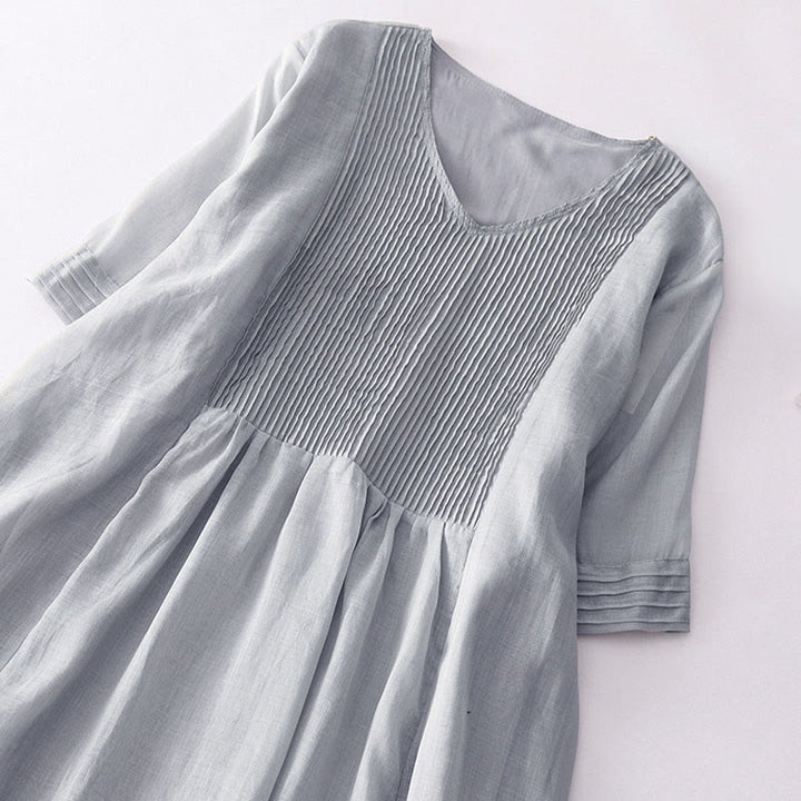 Vestido midi informal de algodón con cuello en V, manga corta y pliegues tipo acordeón con bolsillos de Buddha Stones - image 23