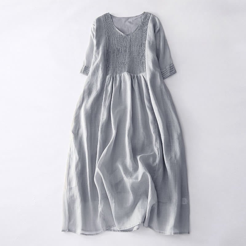Vestido midi informal de algodón con cuello en V, manga corta y pliegues tipo acordeón con bolsillos de Buddha Stones - Plata - US14，UK/AU18，EU46 (2XL) - image 22