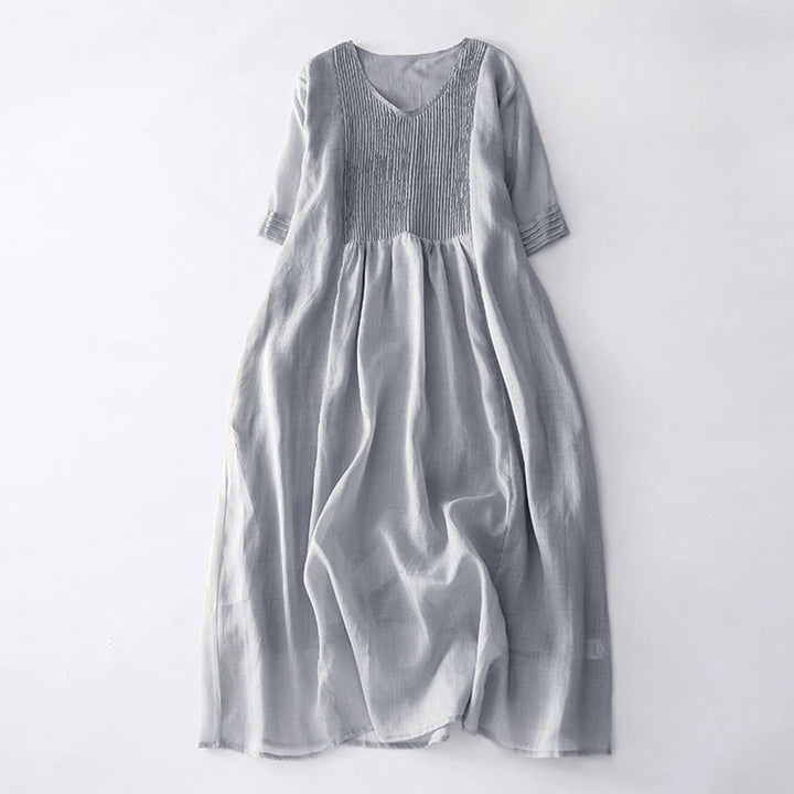 Vestido midi informal de algodón con cuello en V, manga corta y pliegues tipo acordeón con bolsillos de Buddha Stones - Plata - US14，UK/AU18，EU46 (2XL) - image 22