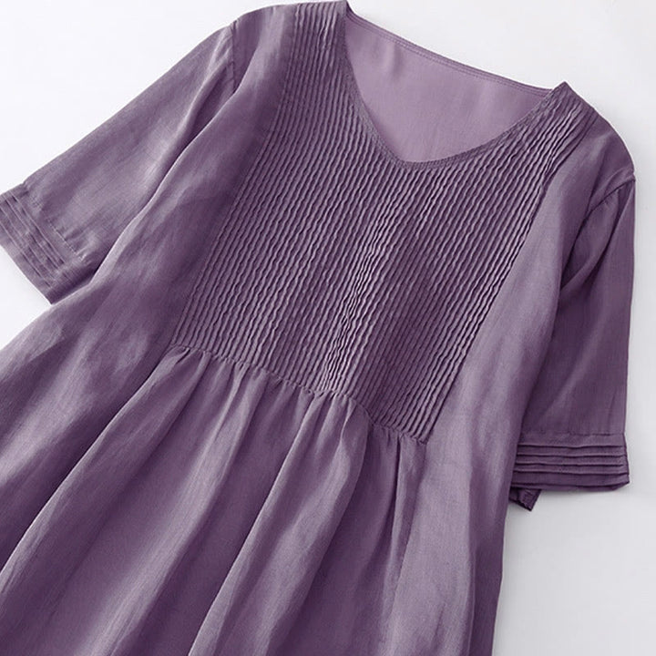 Vestido midi informal de algodón con cuello en V, manga corta y pliegues tipo acordeón con bolsillos de Buddha Stones - image 3