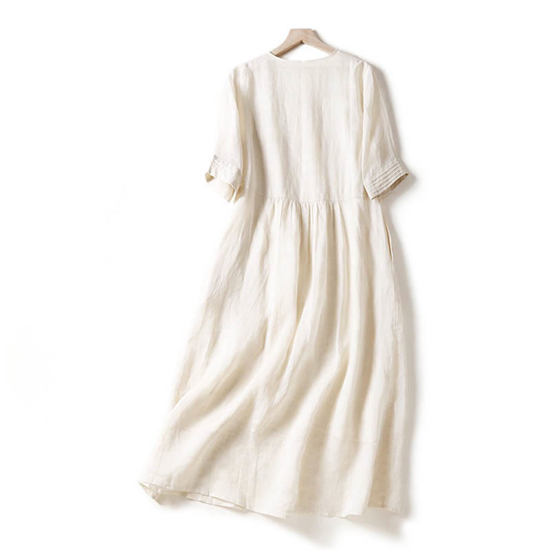 Vestido midi informal de algodón con cuello en V, manga corta y pliegues tipo acordeón con bolsillos de Buddha Stones - image 31