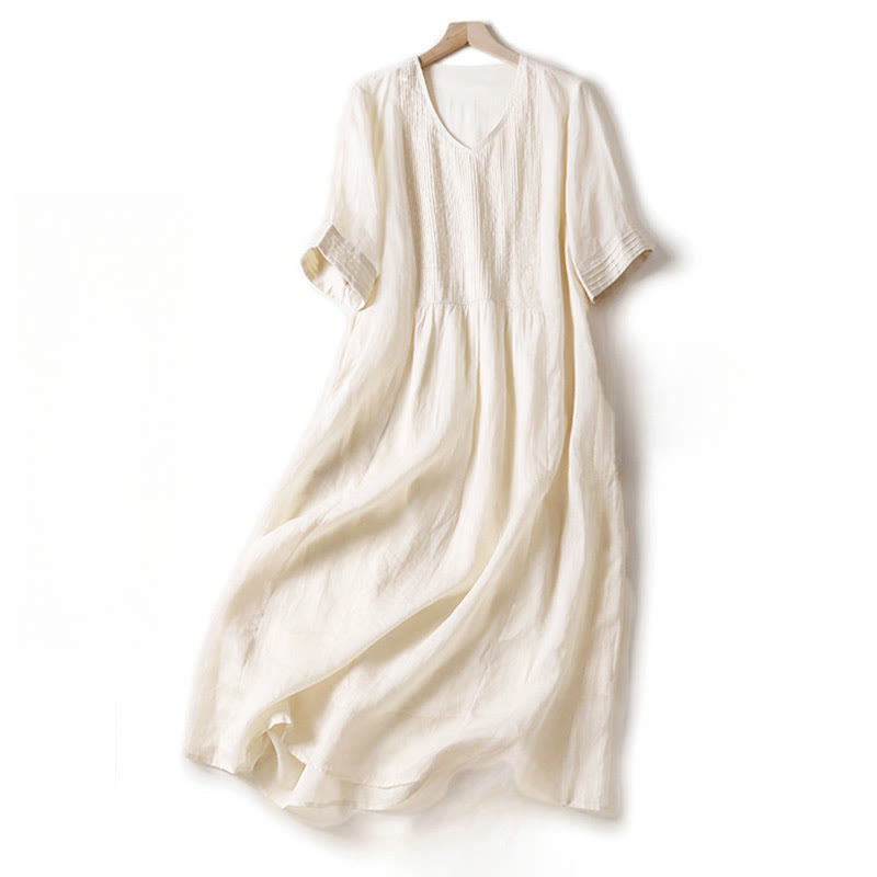 Vestido midi informal de algodón con cuello en V, manga corta y pliegues tipo acordeón con bolsillos de Buddha Stones - Encaje antiguo - US14，UK/AU18，EU46 (2XL) - image 30
