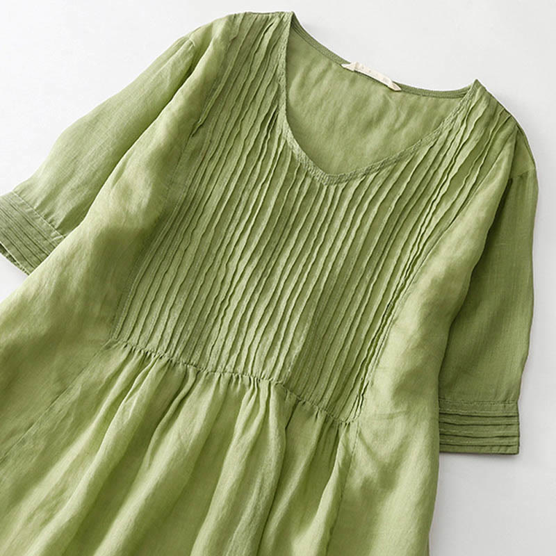 Vestido midi informal de algodón con cuello en V, manga corta y pliegues tipo acordeón con bolsillos de Buddha Stones - image 17