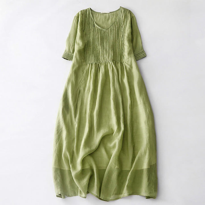 Vestido midi informal de algodón con cuello en V, manga corta y pliegues tipo acordeón con bolsillos de Buddha Stones - AmarilloVerde - US14，UK/AU18，EU46 (2XL) - image 12