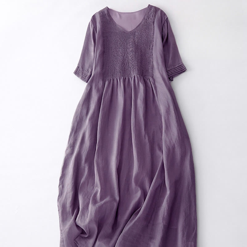 Vestido midi informal de algodón con cuello en V, manga corta y pliegues tipo acordeón con bolsillos de Buddha Stones - image 4