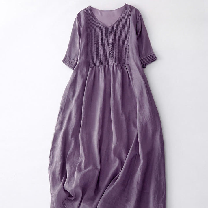 Vestido midi informal de algodón con cuello en V, manga corta y pliegues tipo acordeón con bolsillos de Buddha Stones - image 4