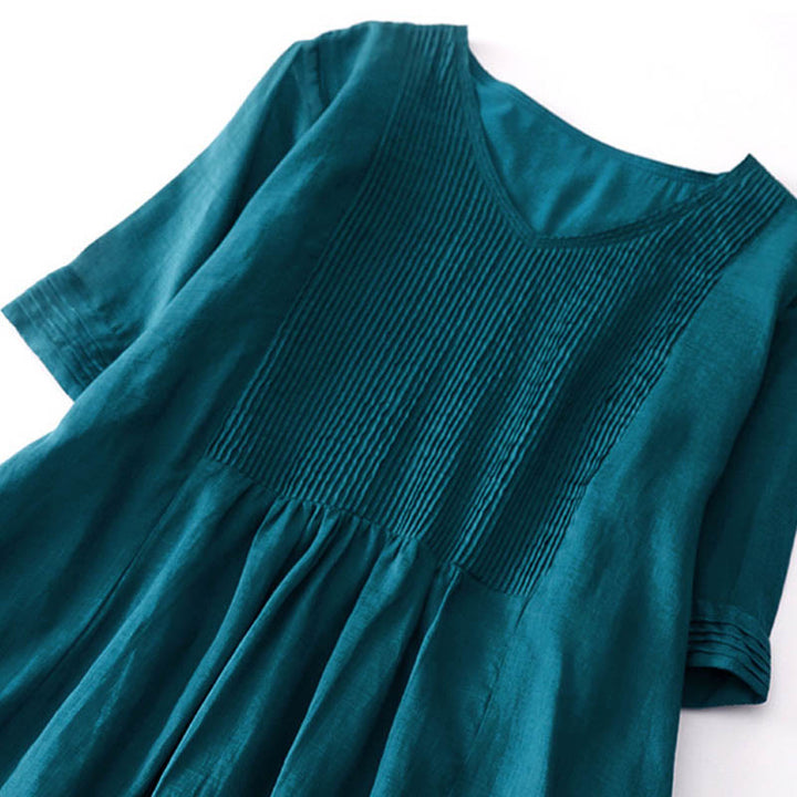 Vestido midi informal de algodón con cuello en V, manga corta y pliegues tipo acordeón con bolsillos de Buddha Stones - image 41