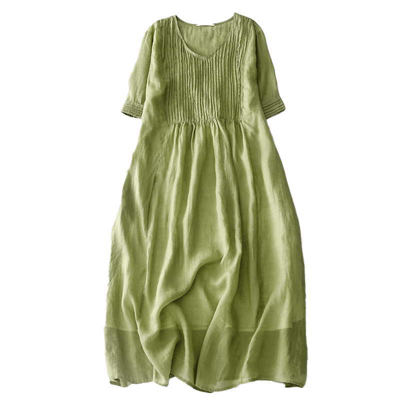 Vestido midi informal de algodón con cuello en V, manga corta y pliegues tipo acordeón con bolsillos de Buddha Stones - image 14