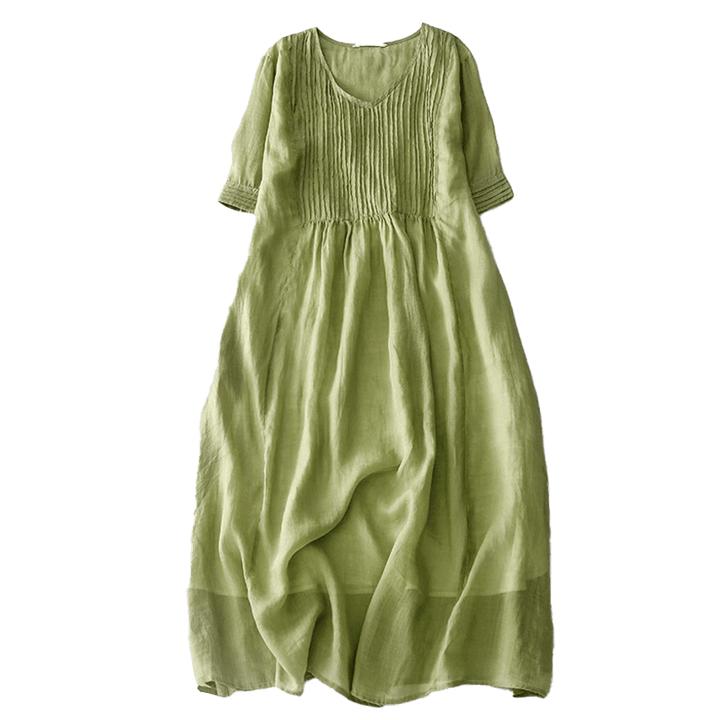 Vestido midi informal de algodón con cuello en V, manga corta y pliegues tipo acordeón con bolsillos de Buddha Stones - image 14