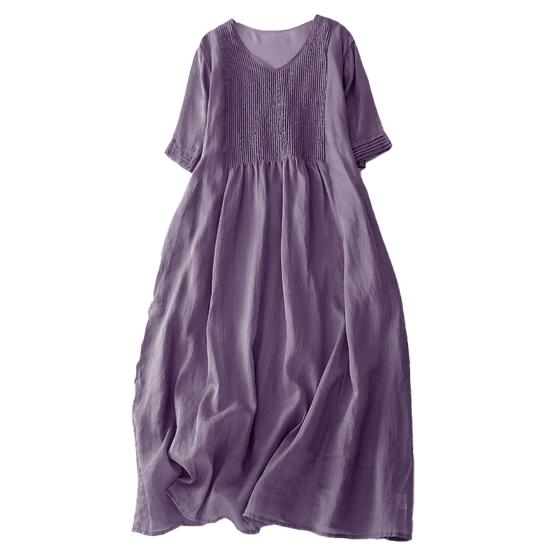 Vestido midi informal de algodón con cuello en V, manga corta y pliegues tipo acordeón con bolsillos de Buddha Stones - image 6