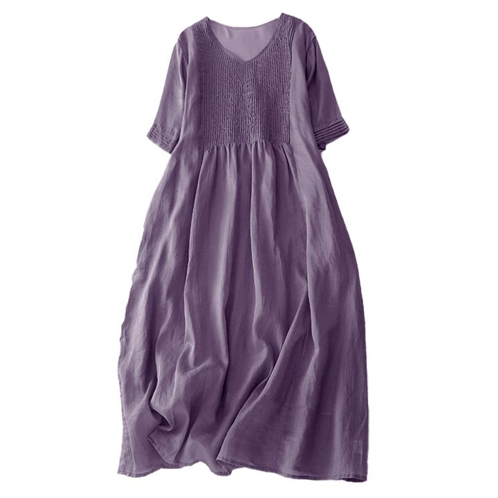 Vestido midi informal de algodón con cuello en V, manga corta y pliegues tipo acordeón con bolsillos de Buddha Stones - image 6