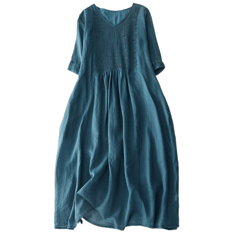 Vestido midi informal de algodón con cuello en V, manga corta y pliegues tipo acordeón con bolsillos de Buddha Stones - image 38