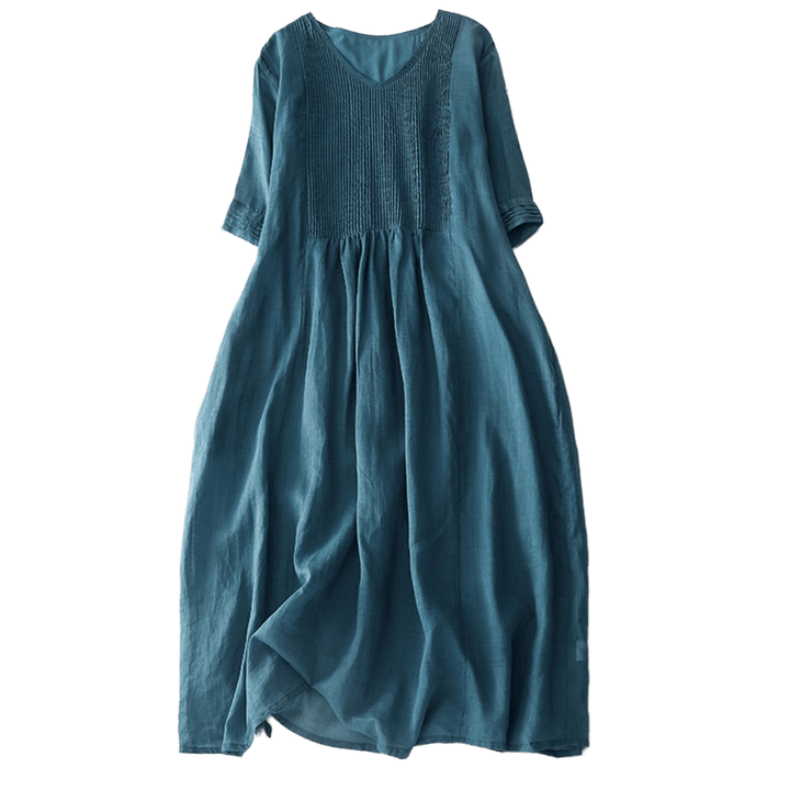 Vestido midi informal de algodón con cuello en V, manga corta y pliegues tipo acordeón con bolsillos de Buddha Stones - image 38