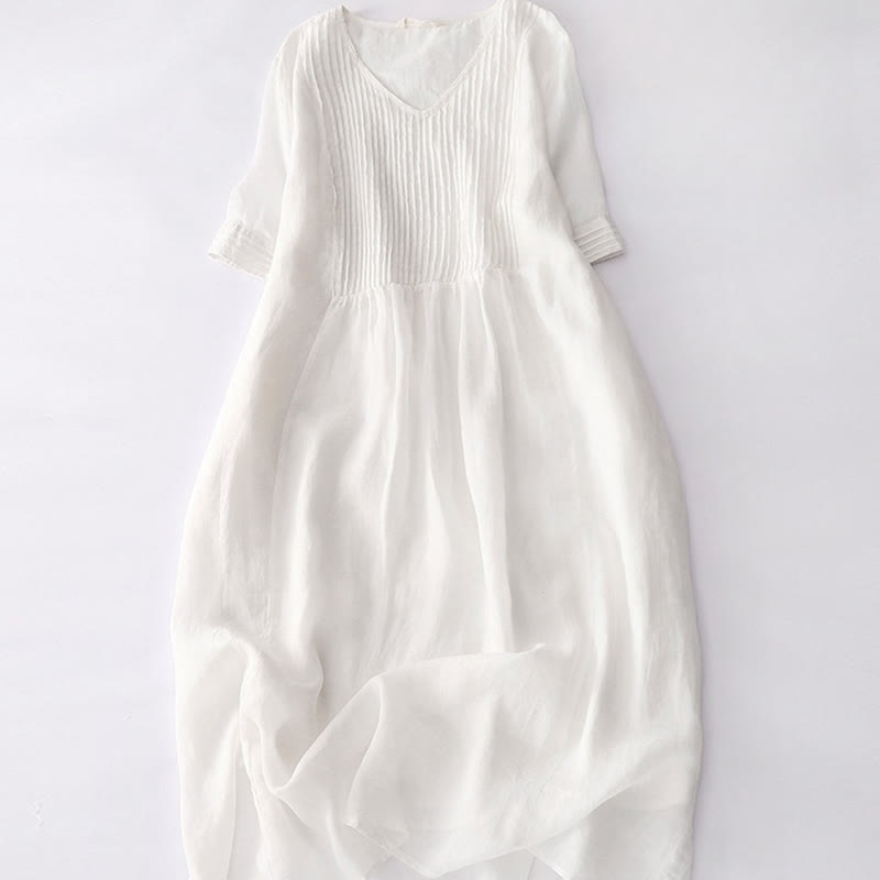 Vestido midi informal de algodón con cuello en V, manga corta y pliegues tipo acordeón con bolsillos de Buddha Stones - Nieve - US14，UK/AU18，EU46 (2XL) - image 45
