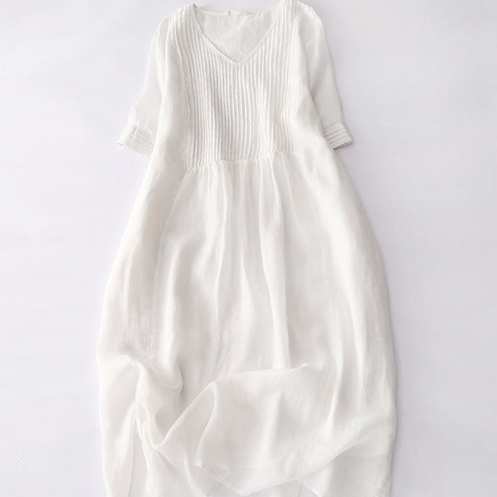 Vestido midi informal de algodón con cuello en V, manga corta y pliegues tipo acordeón con bolsillos de Buddha Stones - Nieve - US14，UK/AU18，EU46 (2XL) - image 45