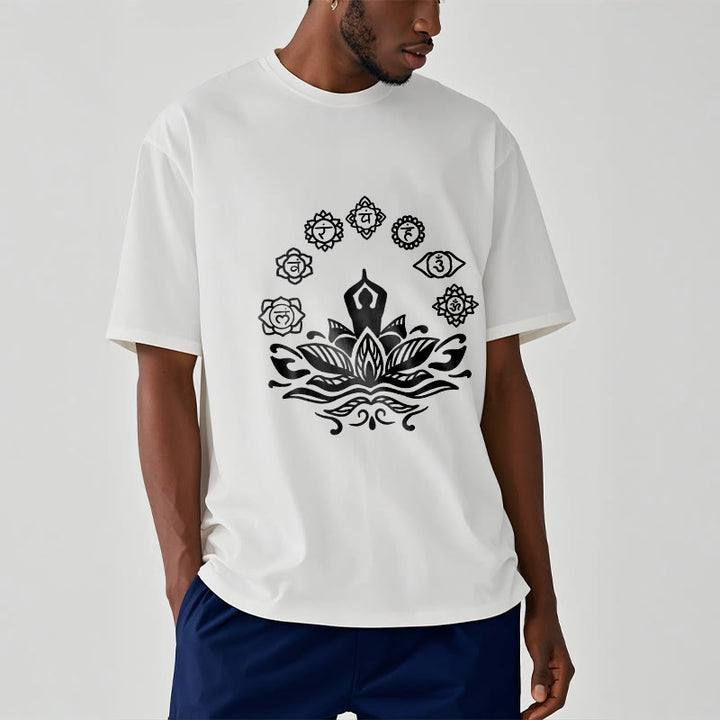 Camiseta de algodón con diseño de Buddha Stones meditando, flor de loto y siete chakras - image 9