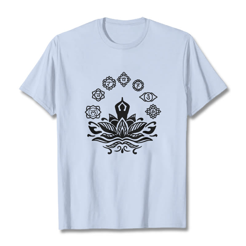 Camiseta de algodón con diseño de Buddha Stones meditando, flor de loto y siete chakras - Cian claro - 2XL - image 19
