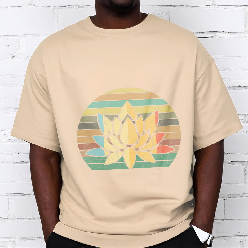 Camiseta de algodón con estampado de flor de loto y fondo a rayas retro informal con Buddha Stones - image 10