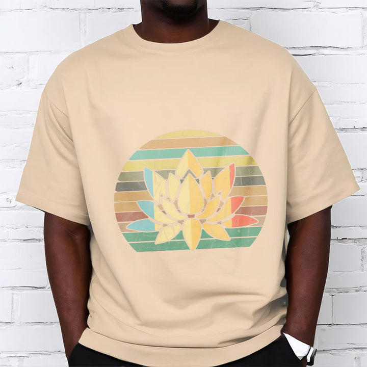 Camiseta de algodón con estampado de flor de loto y fondo a rayas retro informal con Buddha Stones - image 10