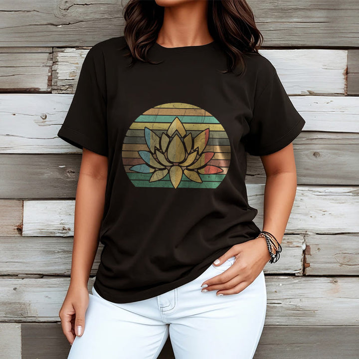 Camiseta de algodón con estampado de flor de loto y fondo a rayas retro informal con Buddha Stones - image 4