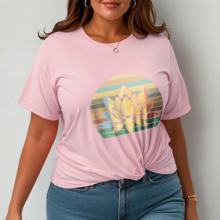 Camiseta de algodón con estampado de flor de loto y fondo a rayas retro informal con Buddha Stones - image 14