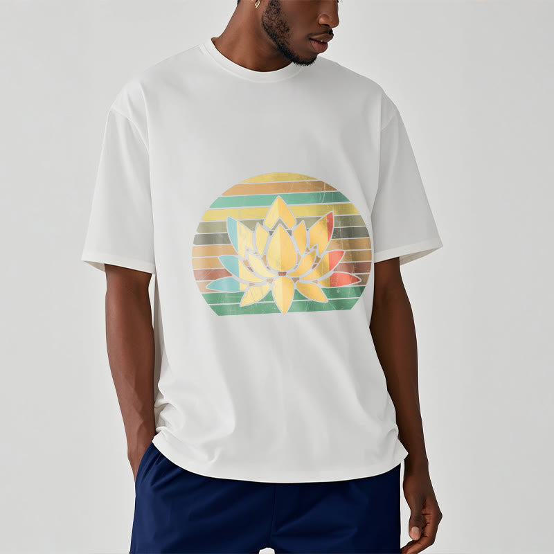 Camiseta de algodón con estampado de flor de loto y fondo a rayas retro informal con Buddha Stones - image 7
