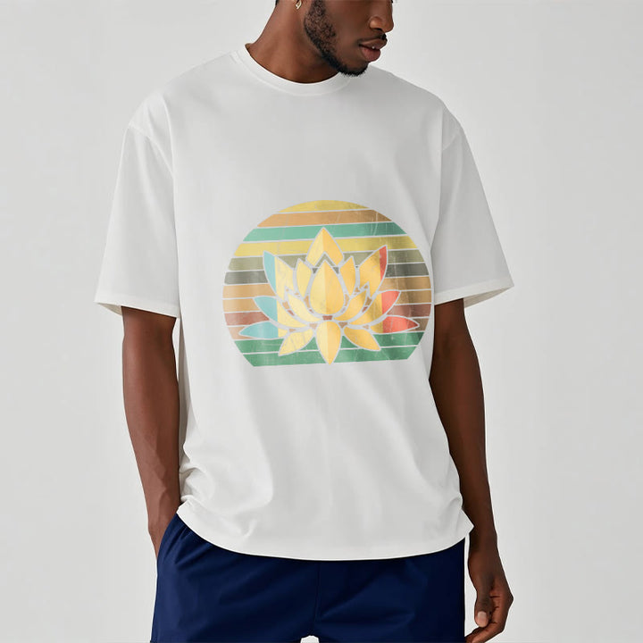 Camiseta de algodón con estampado de flor de loto y fondo a rayas retro informal con Buddha Stones - image 7