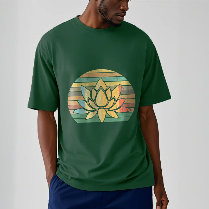 Camiseta de algodón con estampado de flor de loto y fondo a rayas retro informal con Buddha Stones - image 12
