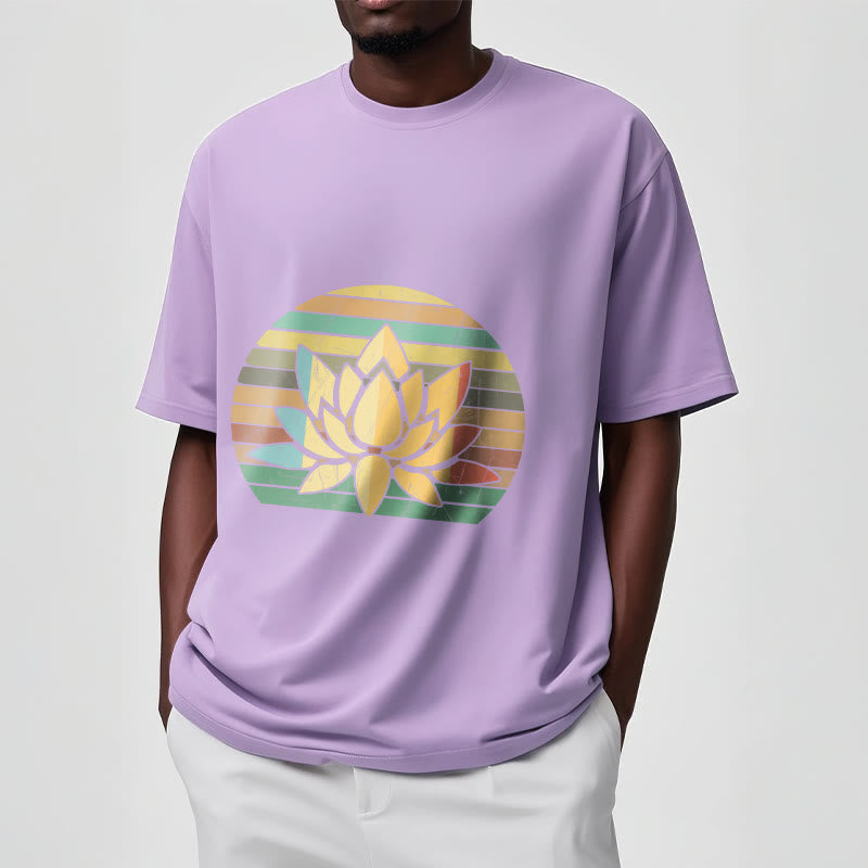 Camiseta de algodón con estampado de flor de loto y fondo a rayas retro informal con Buddha Stones - image 18