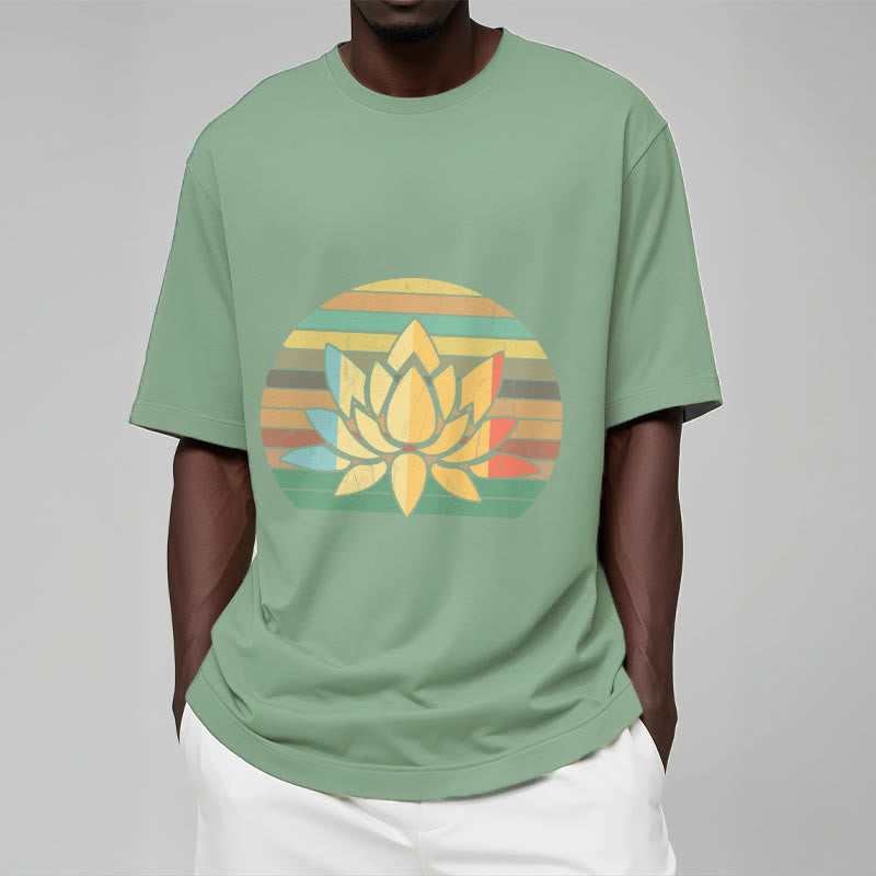 Camiseta de algodón con estampado de flor de loto y fondo a rayas retro informal con Buddha Stones - image 16